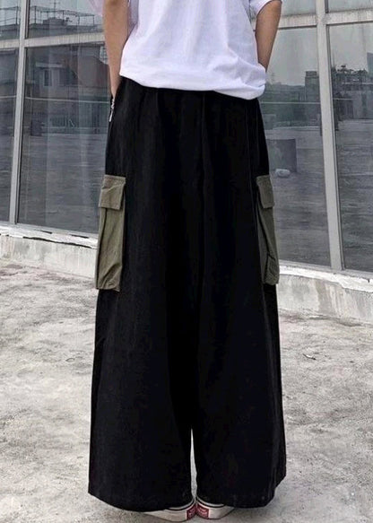 Pantalon noir en coton décontracté pour homme, jambes patchwork, poches larges