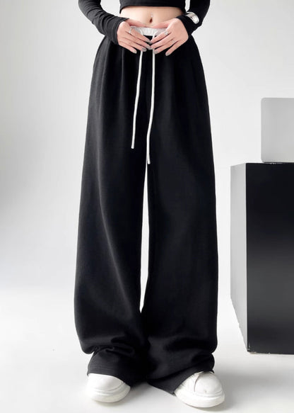 Casual Black Pockets Tie Waist Wide Leg Pants Spring TA043