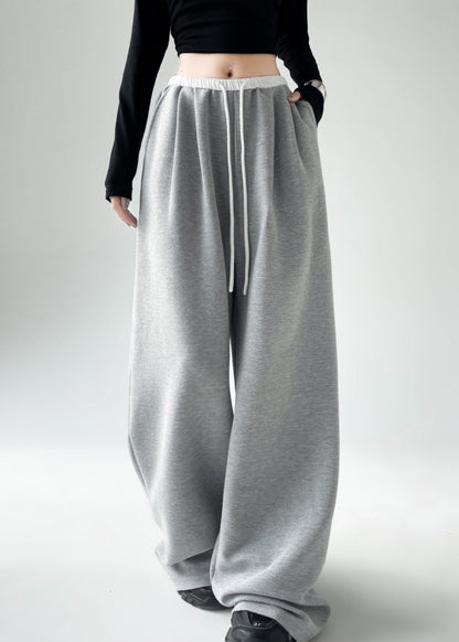 Casual Black Pockets Tie Waist Wide Leg Pants Spring TA043