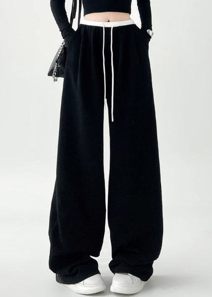 Casual Black Pockets Tie Waist Wide Leg Pants Spring TA043