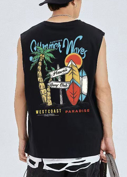 Gemütliche schwarze Männer Grafikdruck Baumwolle T-Shirts Casual Sleeveless