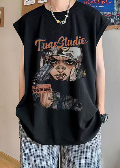 Débardeur d'été surdimensionné en coton pour homme, imprimé noir, décontracté