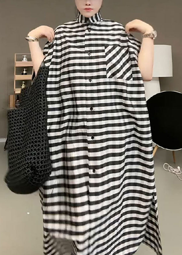 Casual Black Striped Stand Collar Button Maxi Dress Short Sleeve TR017