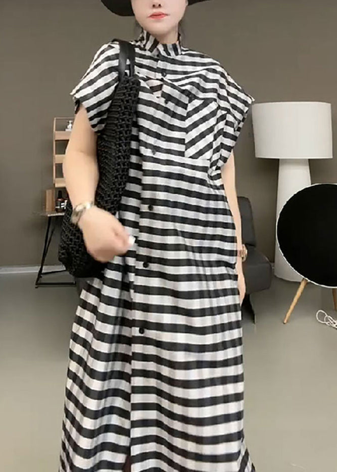 Casual Black Striped Stand Collar Button Maxi Dress Short Sleeve TR017