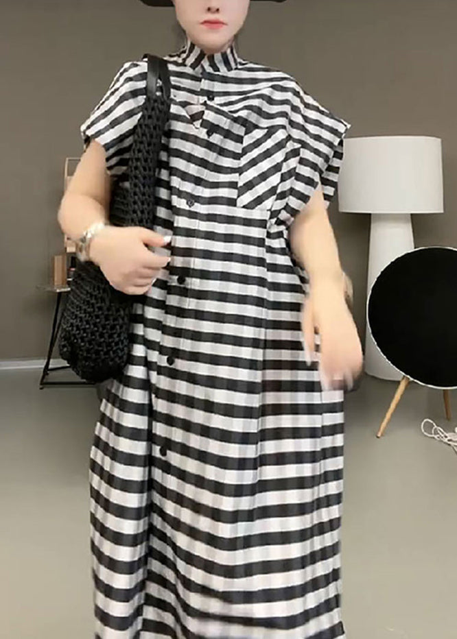 Casual Black Striped Stand Collar Button Maxi Dress Short Sleeve TR017