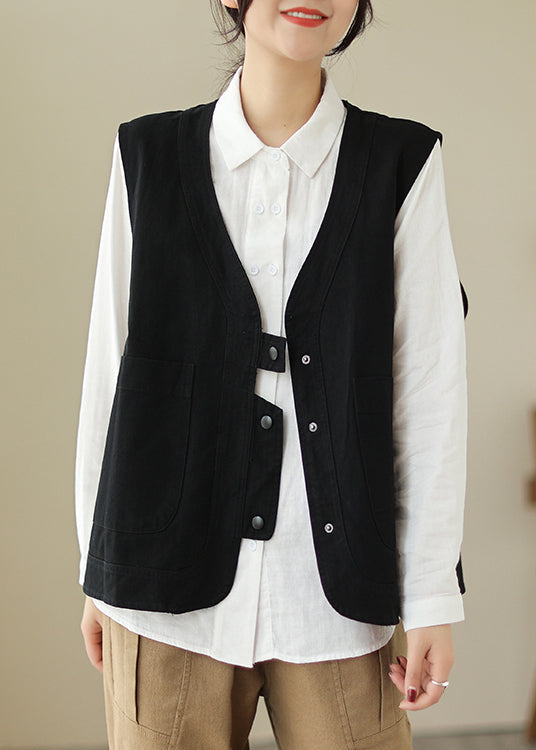 Lässige schwarze Weste mit V-Ausschnitt und Taschen, Patchwork, Baumwolle, Frühling, TI027