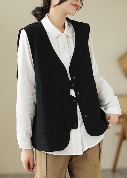 Lässige schwarze Weste mit V-Ausschnitt und Taschen, Patchwork, Baumwolle, Frühling, TI027