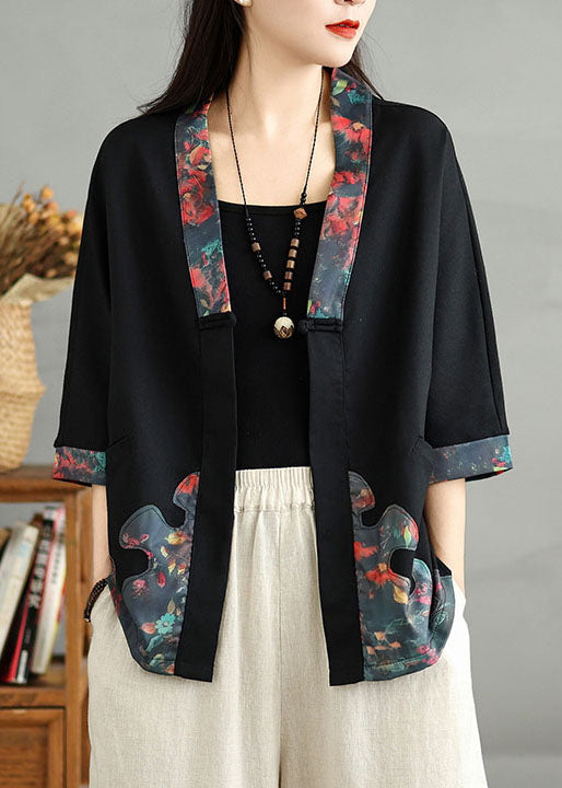 Cardigans Casual Cotton Neck V Button Fall Black Print