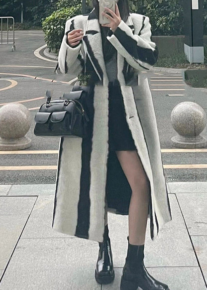 Casual Black White Striped Notched Button Woolen Maxi Coats Winter RP001