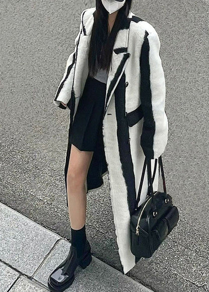 Casual Black White Striped Notched Button Woolen Maxi Coats Winter RP001