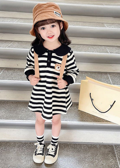 Robe mi-longue décontractée à rayures noires et blanches et col Peter Pan pour enfants, automne SS1051