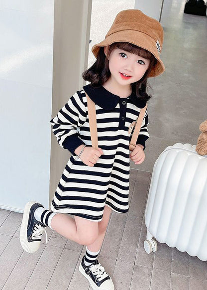 Robe mi-longue décontractée à rayures noires et blanches et col Peter Pan pour enfants, automne SS1051