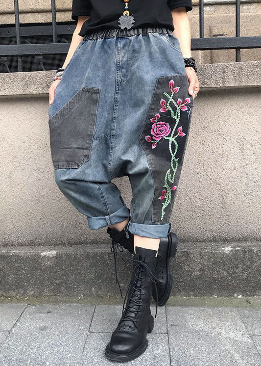 Lässige blaue Jeanshose mit elastischer Taille und Stickerei für den Sommer FF061