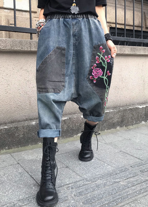 Lässige blaue Jeanshose mit elastischer Taille und Stickerei für den Sommer FF061