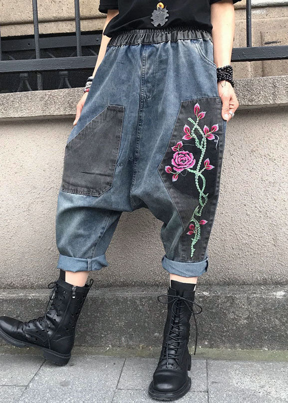 Lässige blaue Jeanshose mit elastischer Taille und Stickerei für den Sommer FF061