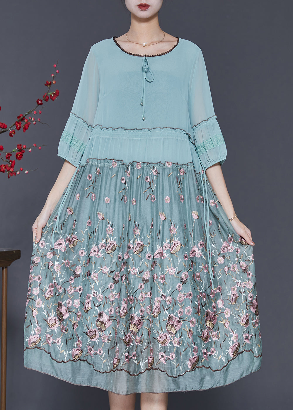 Casual Blue Embroidered Ruffled Silk Dress Half Sleeve SD1097