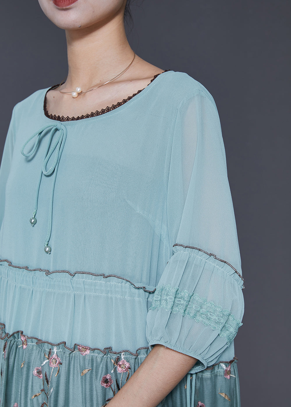 Casual Blue Embroidered Ruffled Silk Dress Half Sleeve SD1097