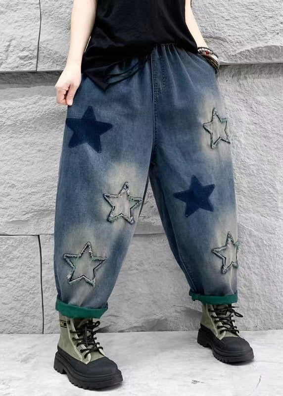 Lässige blaue fünfzackige Stern-Patch-Jeans mit elastischer Taille, Harlan-Hose, Frühling, QQ1007