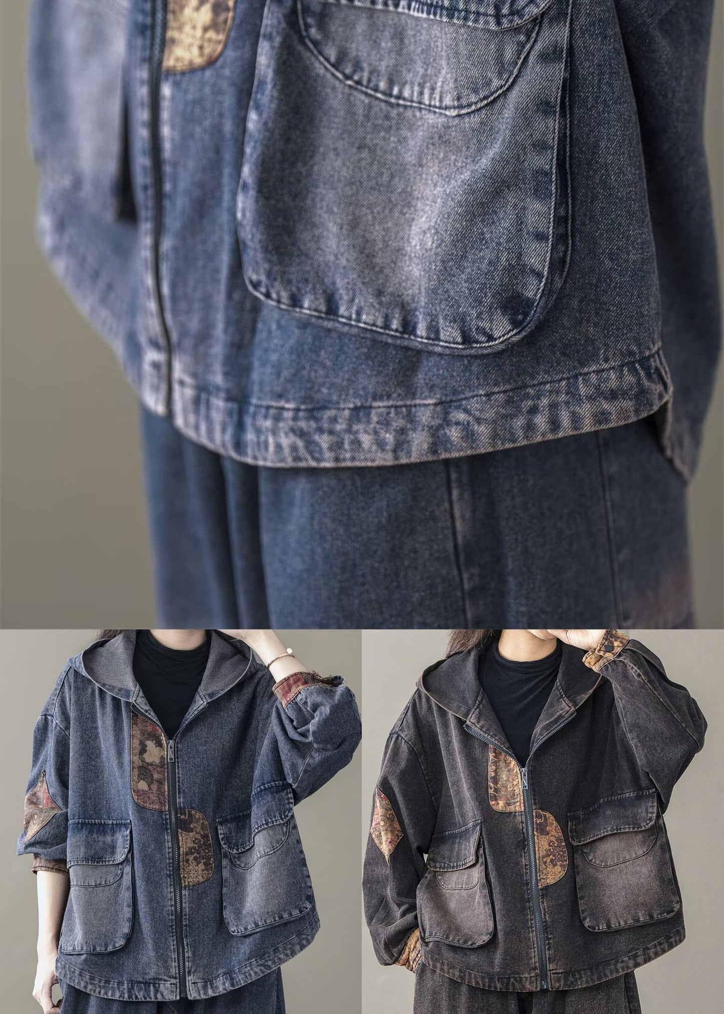 Manteaux patchwork bleus à capuche en denim décontracté