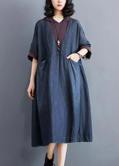 Robe décontractée à capuche bleue en denim fin patchwork été AP078