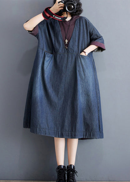 Robe décontractée à capuche bleue en denim fin patchwork été AP078