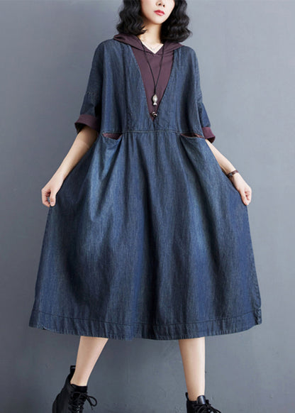 Robe décontractée à capuche bleue en denim fin patchwork été AP078