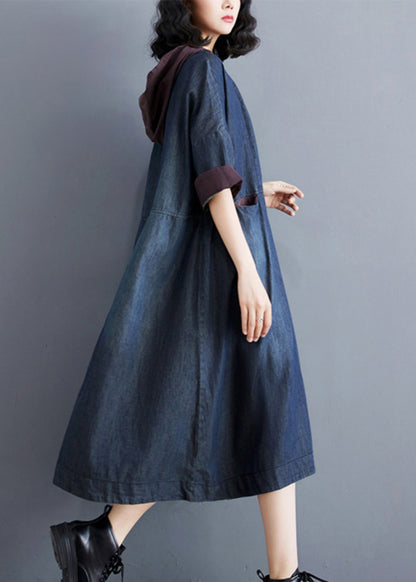 Robe décontractée à capuche bleue en denim fin patchwork été AP078