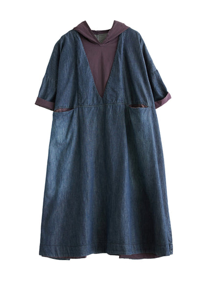 Robe décontractée à capuche bleue en denim fin patchwork été AP078