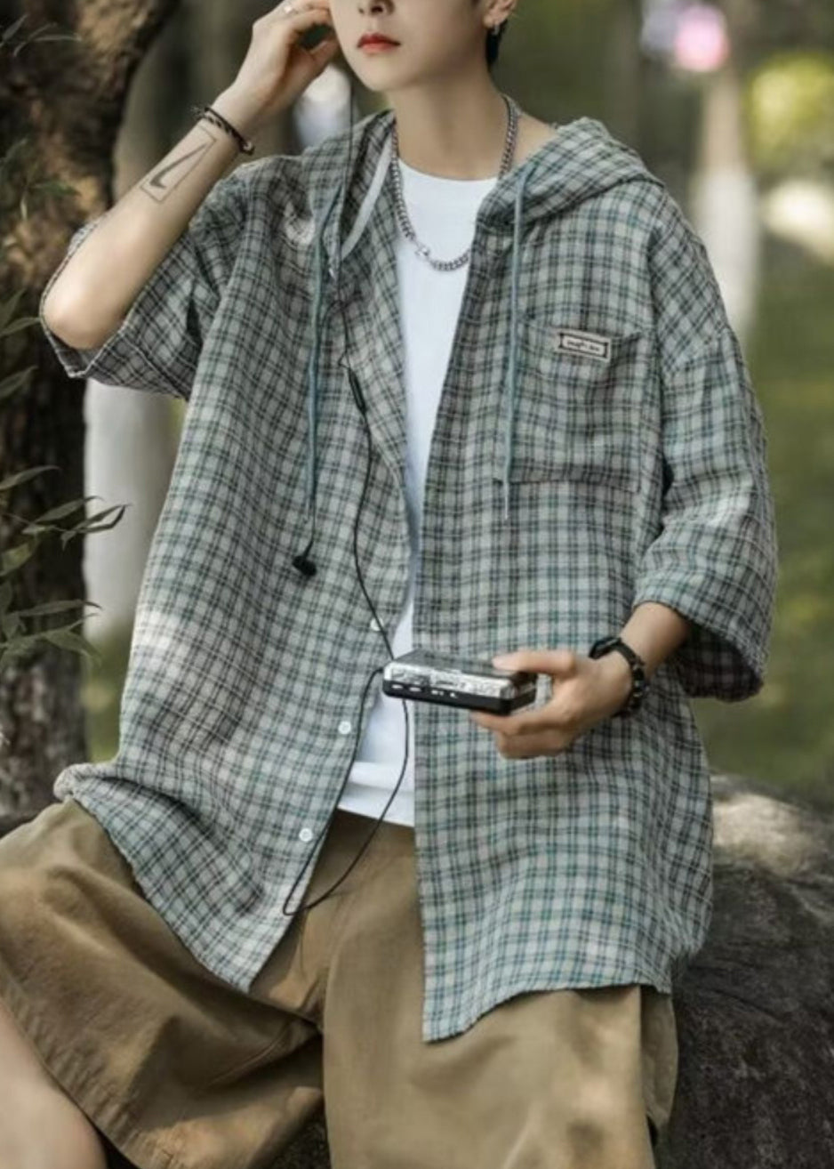 Button Casual Shirt Plaid Baumwolle Männer Sommer Blau