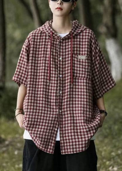 Button Casual Shirt Plaid Baumwolle Männer Sommer Blau