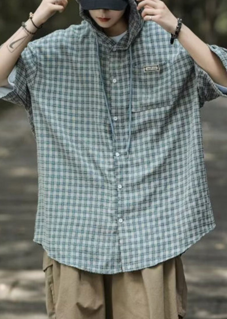 Button Casual Shirt Plaid Baumwolle Männer Sommer Blau