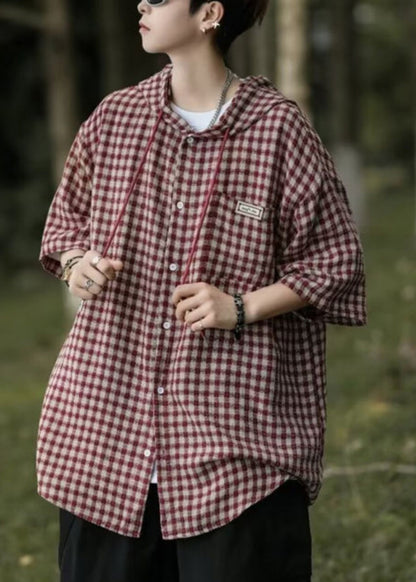 Button Casual Shirt Plaid Baumwolle Männer Sommer Blau