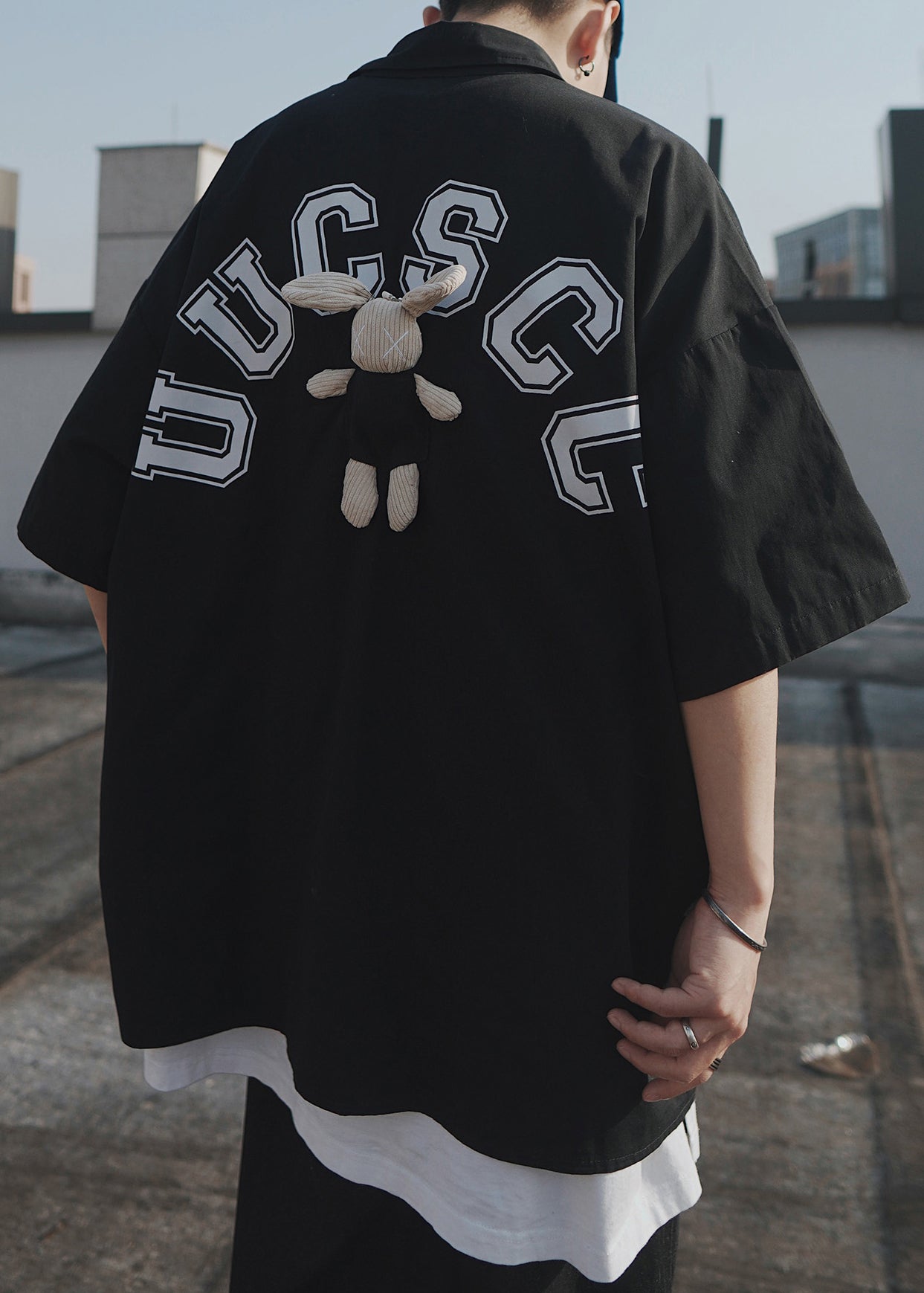 Casual Letter Oversized Men Shirts T Half Blue Cotton Patchwork