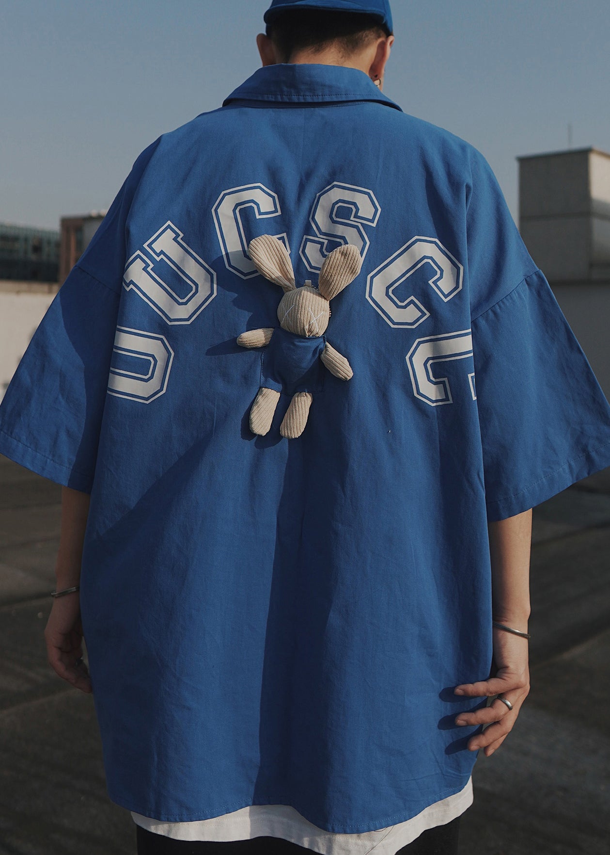 Casual Letter Oversized Men Shirts T Half Blue Cotton Patchwork