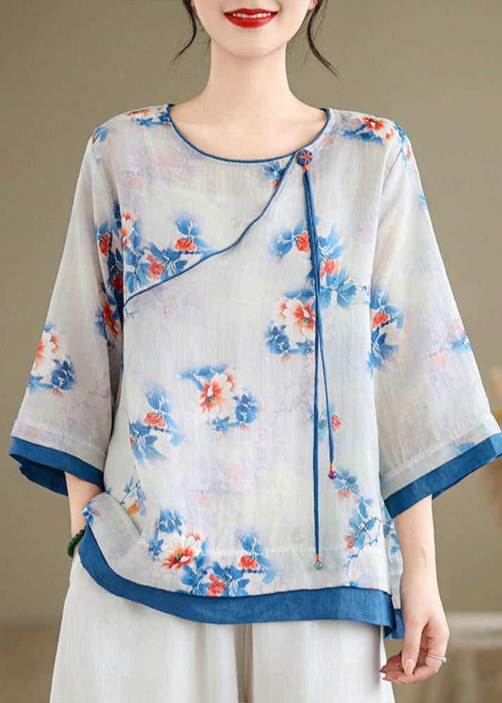 Casual Blue O-Neck Print Patchwork Shirt Long Sleeve UU043