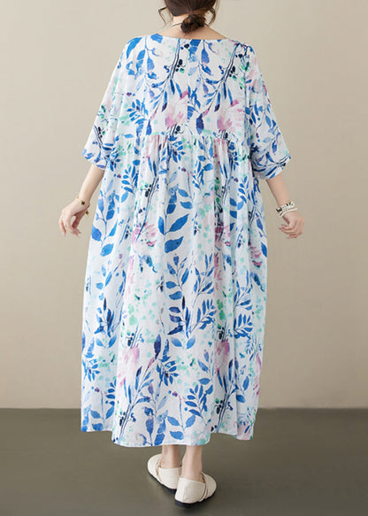 Robe décontractée en coton bleu à col rond et imprimé grande taille pour l'été AP047