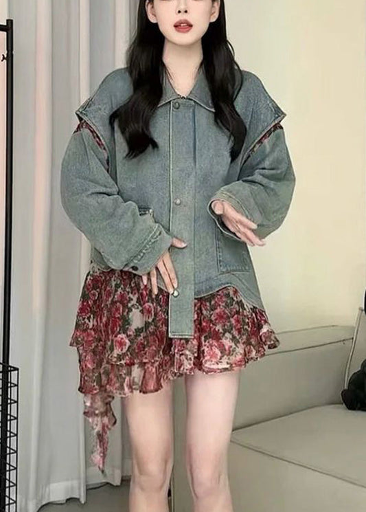 Casual Blue Peter Pan Collar Asymmetrical Print Print Denim Coat Spring RP023