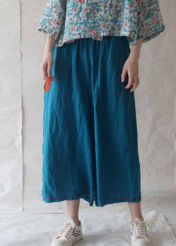 Casual Blue Pockets Solid Linen Wide Leg Pants Summer RE020