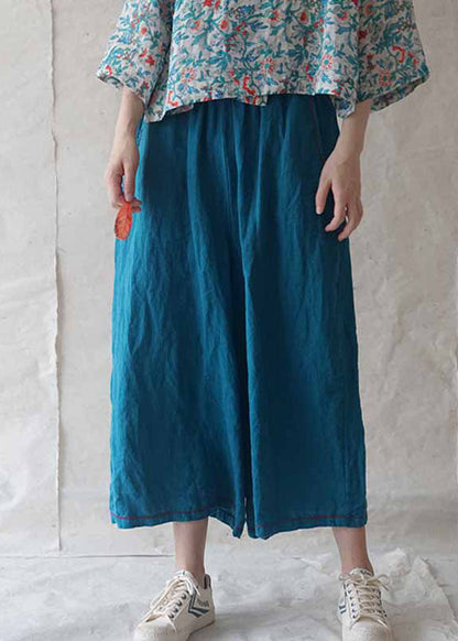 Pantalon large décontracté en lin uni avec poches bleues pour l'été RE020