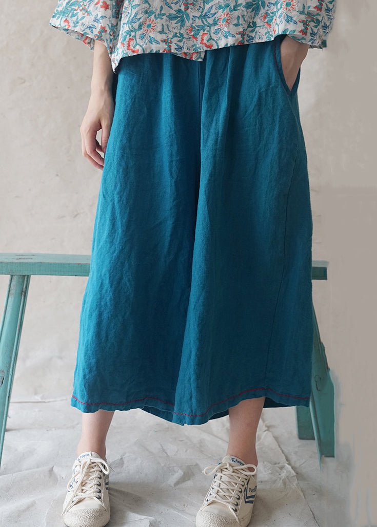 Casual Blue Pockets Solid Linen Wide Leg Pants Summer RE020