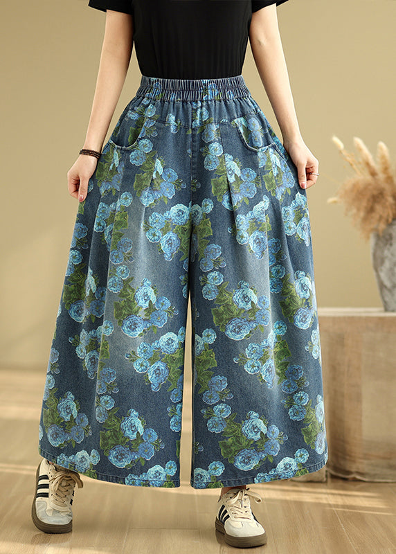 Pantalon bleu décontracté en denim à larges poches et imprimé, coupe tombante