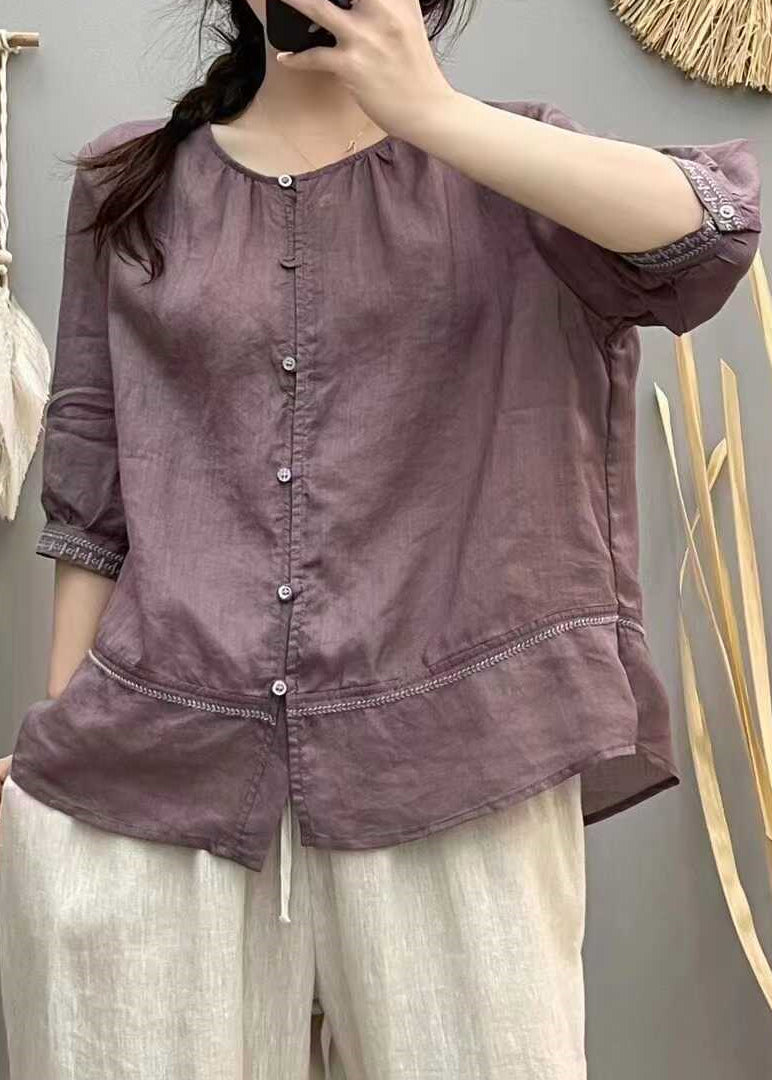 Blouse Cotton Embroidered Brick Tops Patchwork Red Casual Summer