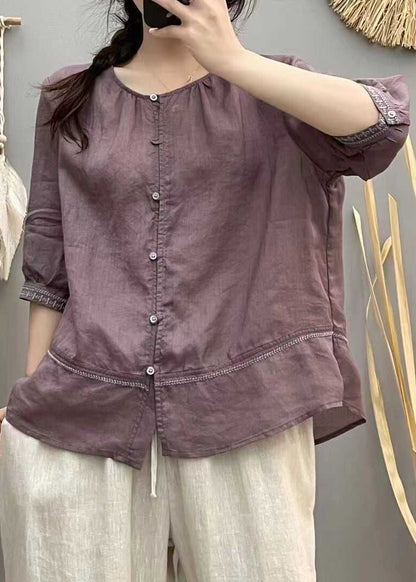 Blouse Cotton Embroidered Brick Tops Patchwork Red Casual Summer