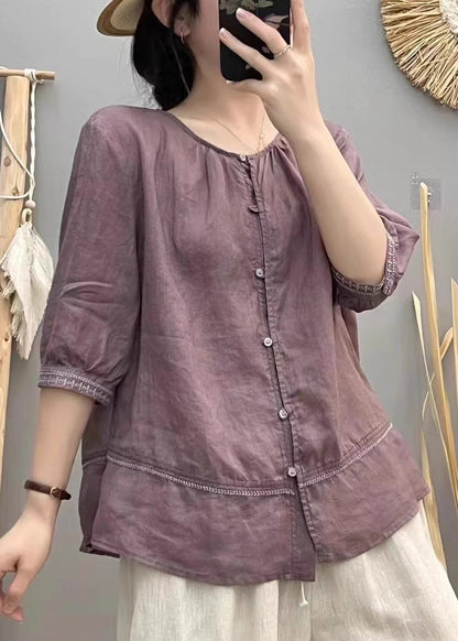 Blouse Cotton Embroidered Brick Tops Patchwork Red Casual Summer