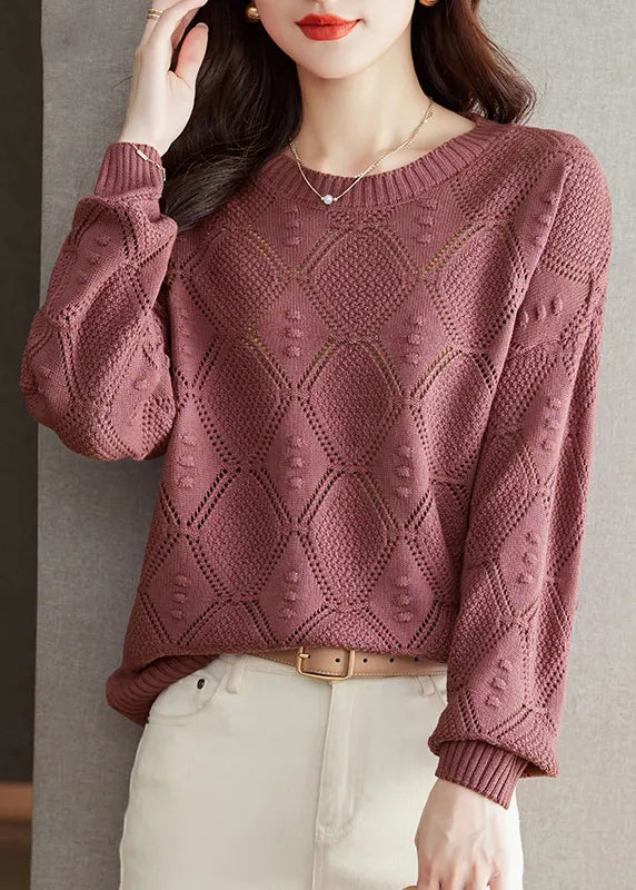 Casual Brick Red O Neck Hollow Out Knitted Tops Fall QI030