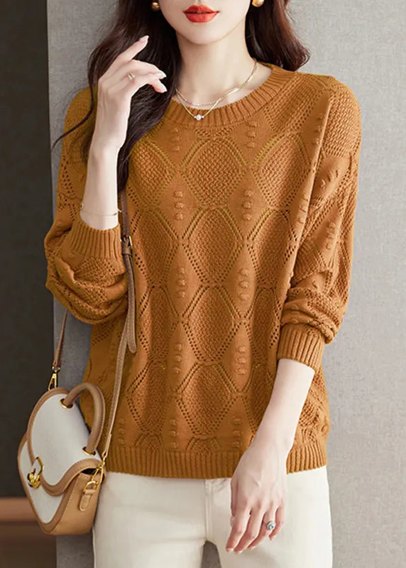 Casual Brick Red O Neck Hollow Out Knitted Tops Fall QI030