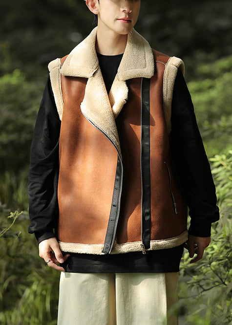 Casual Braun Reißverschluss Warme Fleece Faux Wildleder Männer Westen Frühling TK017