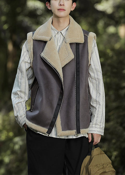 Casual Braun Reißverschluss Warme Fleece Faux Wildleder Männer Westen Frühling TK017