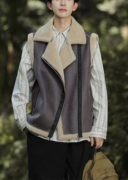 Casual Braun Reißverschluss Warme Fleece Faux Wildleder Männer Westen Frühling TK017