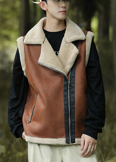 Casual Braun Reißverschluss Warme Fleece Faux Wildleder Männer Westen Frühling TK017